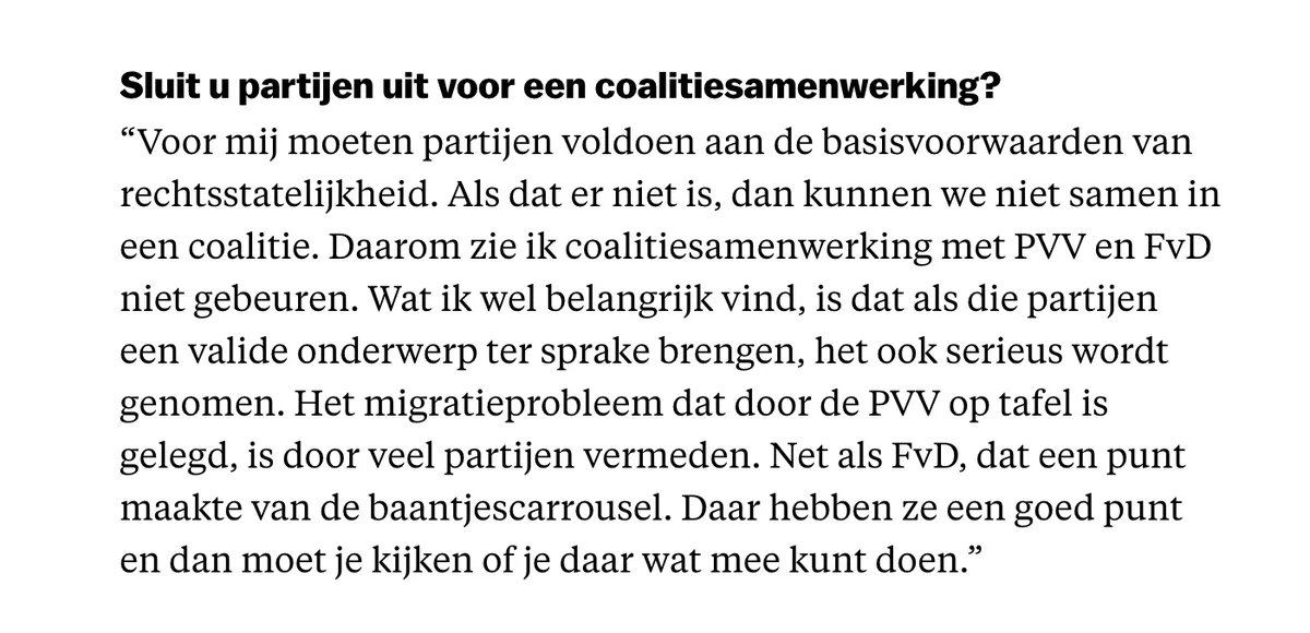 S_VanTeutem's tweet photo. Omtzigt wil niet regeren met PVV en FVD. Net zoals het CDA onder Bontenbal, D66 onder Jetten en PvdA/GL onder Timmermans.  De grote uitzondering: @VVD van @DilanYesilgoz. Dat maakt het toch eenvoudiger voor kiezers die geen zin hebben in racisme of anti-rechtstatelijk geneuzel. https://t.co/0npfYrb4vp