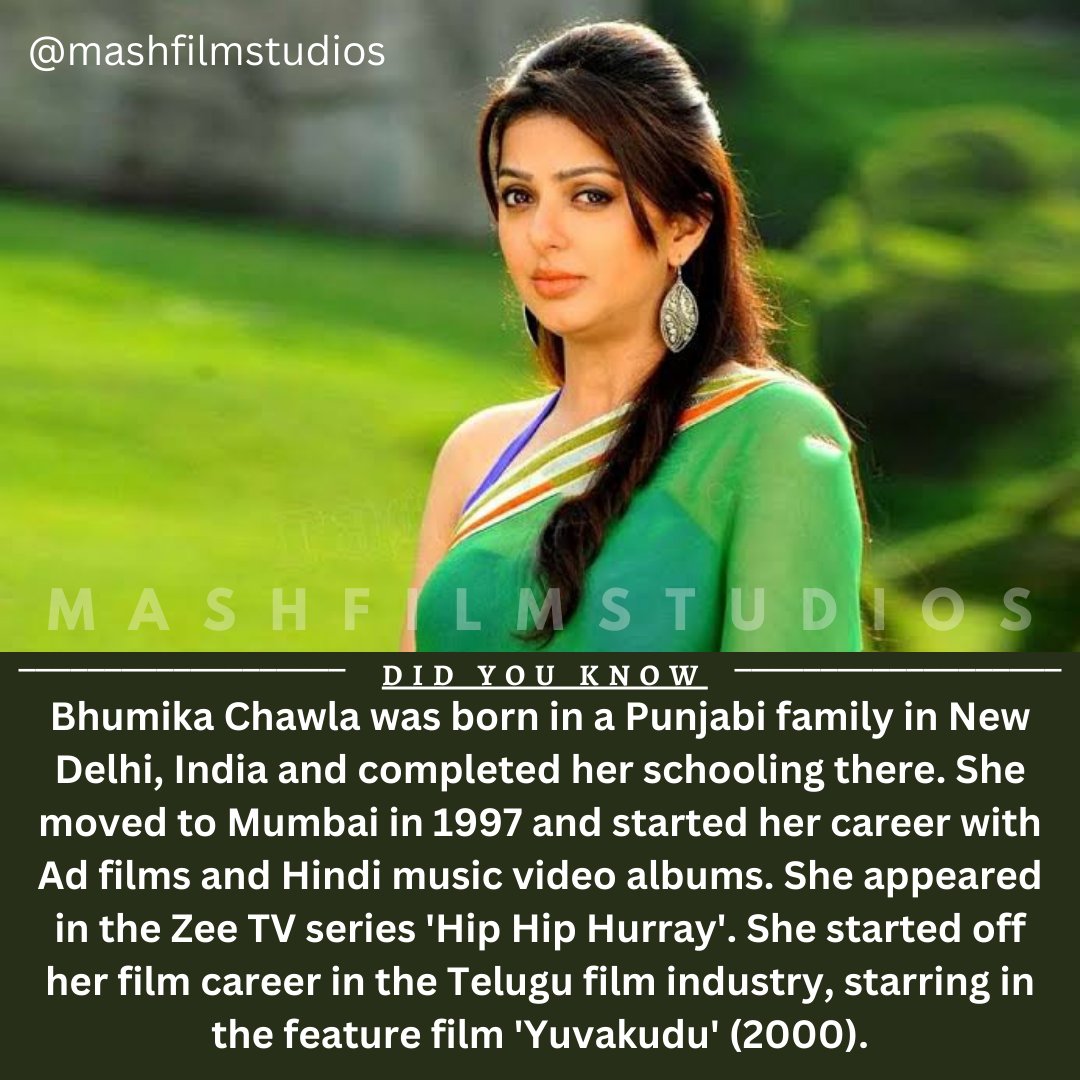 Happy birthday #BhumikaChawla

For interesting facts about Indian cinema. 
Do follow us @mashfilmstudios 
#bhumikachawla #hiphiphurray #yuvakudu #terenaam #msdhoniuntoldstory #run #dilnejiseapnakaha #godfather #kisikabhaikisikijaan #happybirthday #mashfilmstudios