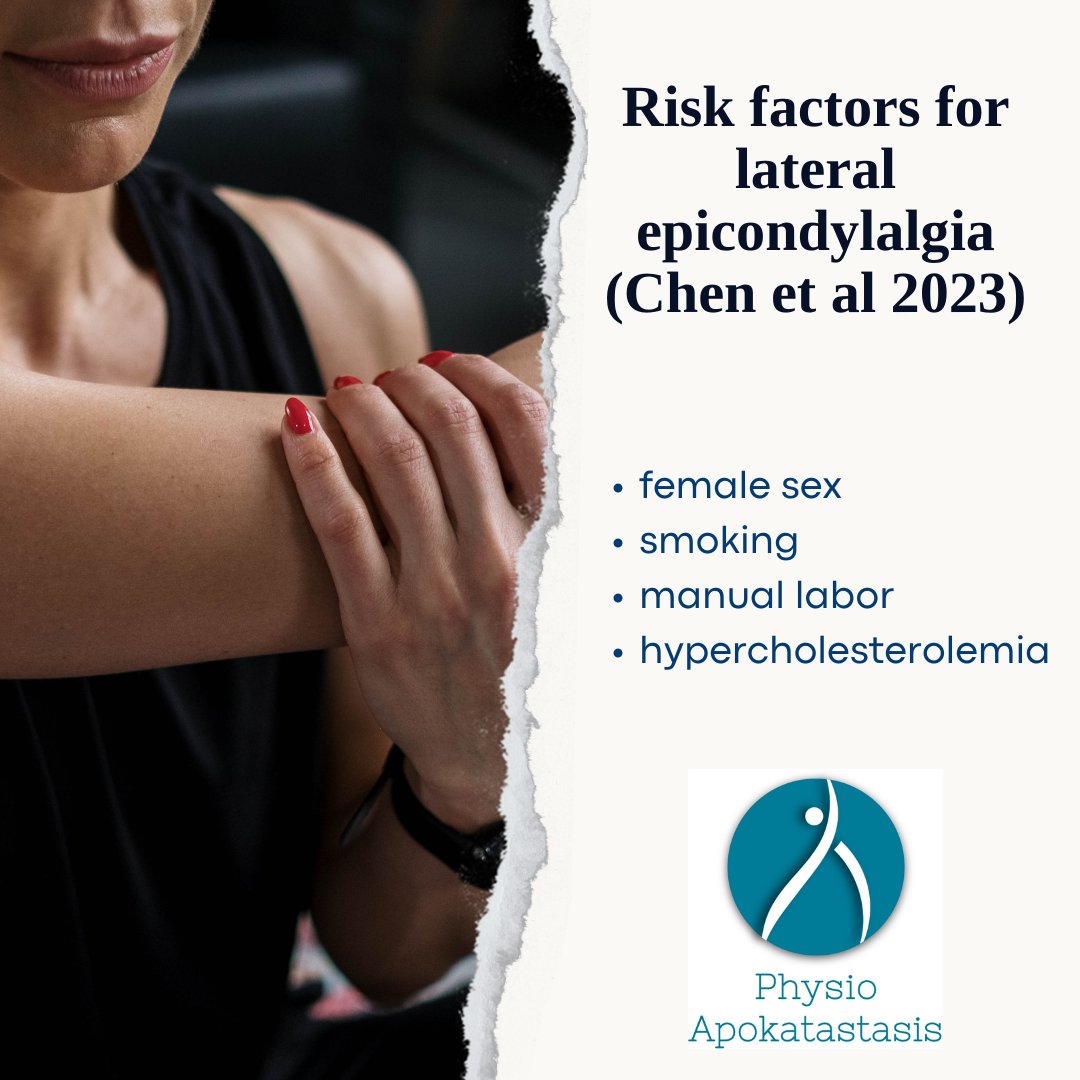 physiotolos's tweet photo. #Risk factors for lateral #epicondylalgia (#tenniselbow/lateral #epicondylitis of #elbow: meta-analysis by Chen et al (2023):
- female sex,
- manual labor (repetitive forearm movements),
- #smoking,
- #hypercholesterolemia (especially, #statin treatment).
https://t.co/dWpNH5ifxN https://t.co/8g8NaFZcJb