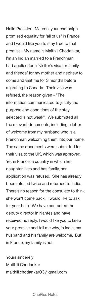 Maithili_MM's tweet photo. @EmmanuelMacron @narendramodi I would like to ask for your help as a resident of France, who is married to a Frenchman.  I would like to plead for equal rights in France.  An open letter to challenge your decision to refuse a visa for visiting my family https://t.co/wo89OqPA9o