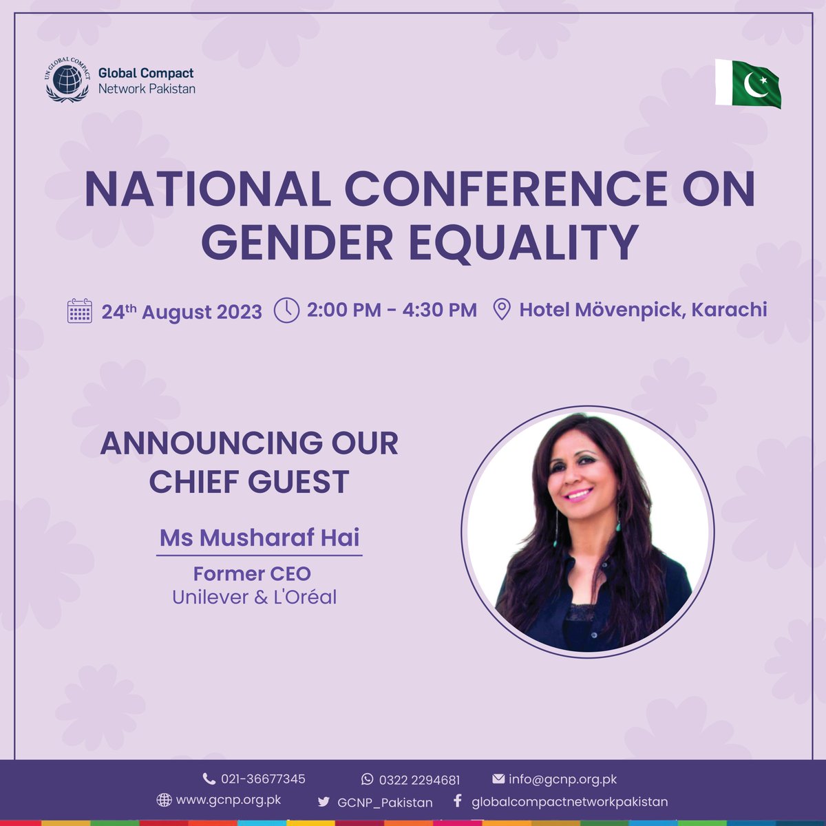 We take great pride in introducing Ms. Musharraf Hai, Former CEO of Unilever and L’Oreal, as the esteemed Chief Guest for the National Conference on Gender Equality.  
Register Now: lnkd.in/dfRQpaUg 
<a href="/MajydAziz/">MAJYD AZIZ مجید عزیز</a>