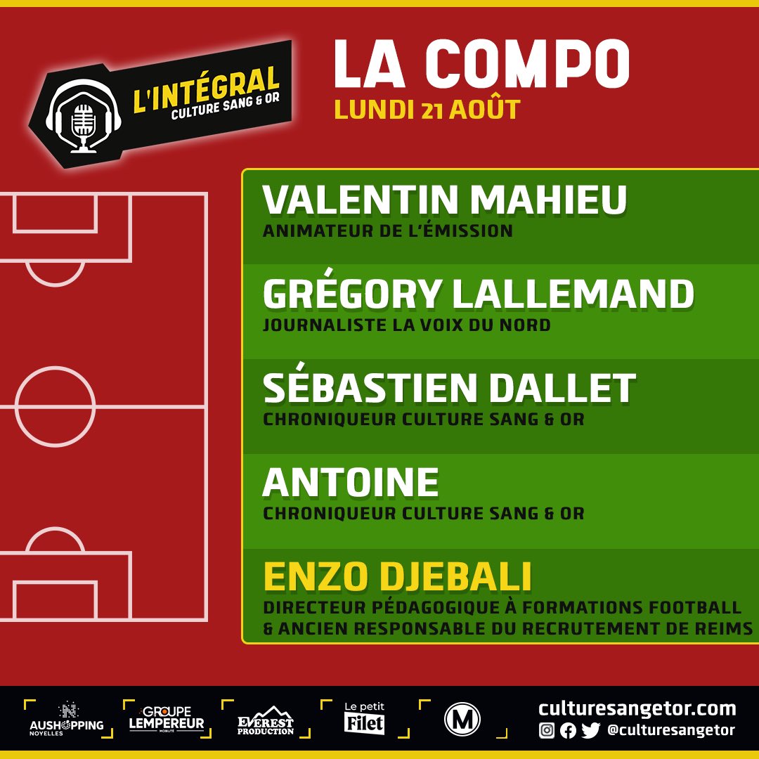 CultureSangEtOr's tweet photo. [Émission | #S4E5]

Ce soir, notre invité 𝗘𝗻𝘇𝗼 𝗗𝗷𝗲𝗯𝗮𝗹𝗶 sera accompagné de…

➡️ Valentin 🎙️ 
➡️ Grégory de @lavoixdunord 
➡️ Sébastien 
➡️ Antoine

Émission à suivre en direct sur notre chaîne YouTube, dès 20h !

🔗 https://t.co/S9EzOX7CsQ

#RCLens #Lens 🔴🟡 https://t.co/TBUH2sKs2T