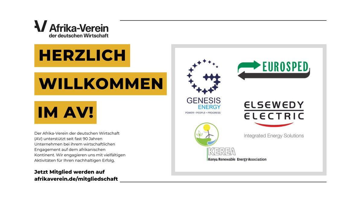 Afrika-Verein der deutschen Wirtschaft (AV) (@afrikaverein) on Twitter photo Herzlich willkommen im Afrika-Verein! Wir begrüßen unsere Neumitglieder #Eurosped, <a href="/_GenesisEnergy/">Genesis Energy</a>, <a href="/ElsewedyElec/">Elsewedy Electric</a> und #KEREA. Wir freuen uns auf die #Kooperation, weitere Erfolgsgeschichten und darauf, die wirtschaftlichen Beziehungen mit Afrika zu stärken. Herzlich willkommen im Afrika-Verein! Wir begrüßen unsere Neumitglieder #Eurosped, <a href="/_GenesisEnergy/">Genesis Energy</a>, <a href="/ElsewedyElec/">Elsewedy Electric</a> und #KEREA. Wir freuen uns auf die #Kooperation, weitere Erfolgsgeschichten und darauf, die wirtschaftlichen Beziehungen mit Afrika zu stärken.