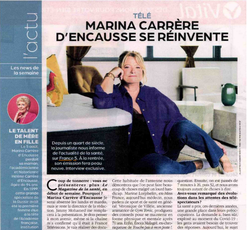 #LesMédiasEnParlent @France5tv 

À lire : l'itw de <a href="/mcdencausse/">carrere marina</a> par <a href="/HChouchaoui/">Hacene.chouchaoui</a> dans <a href="/Tele7jours/">Télé 7 Jours</a> 

De nouvelles chroniqueuses rejoignent Le magazine de la santé : <a href="/LucieCarrasco/">Lucie Carrasco</a> <a href="/MarineLorphelin/">Lorphelin Marine</a> <a href="/VillleDe/">Véronique de Villèle</a> <a href="/EnoraMofficiel/">Enora Malagré</a> 

Rdv le 11/09 à 13.40 sur France 5

#SanteF5