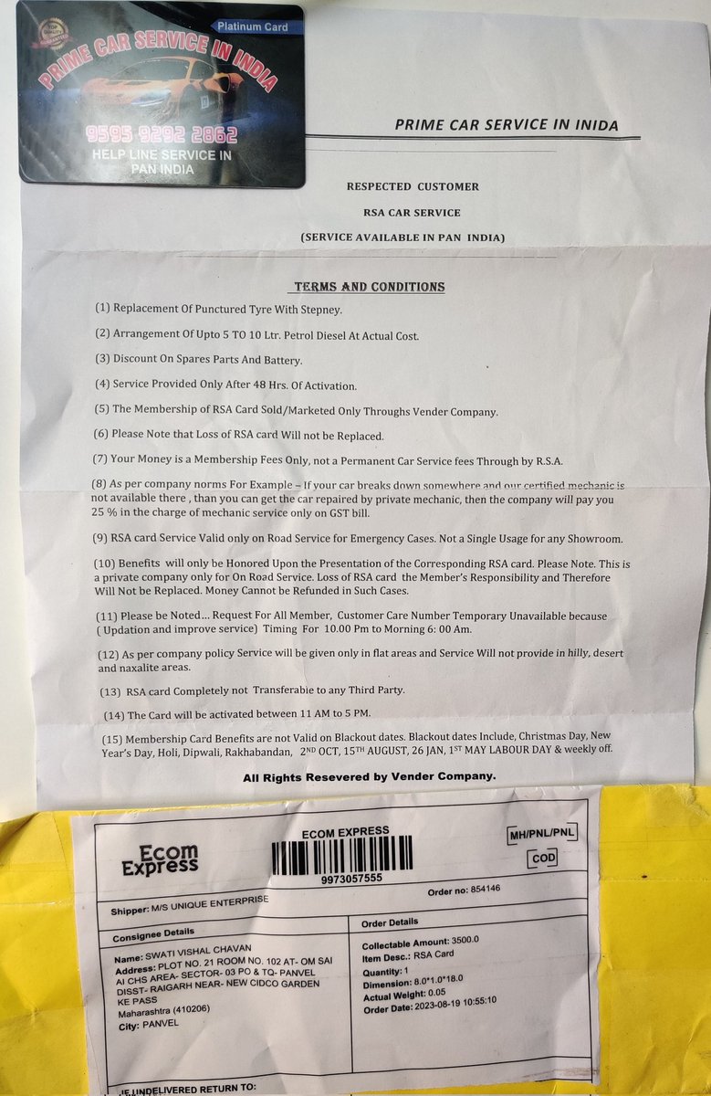 vishalChavan17's tweet photo. New scam: A person called and posed as a RTO officer. He told my New car number, house address and date of purchase. He said thay my RC card will be sent by courier and I have to pay 3500 as s RTO fees. Two days later the courier arrived and this is what I received in the package https://t.co/UxAOo2l9bB