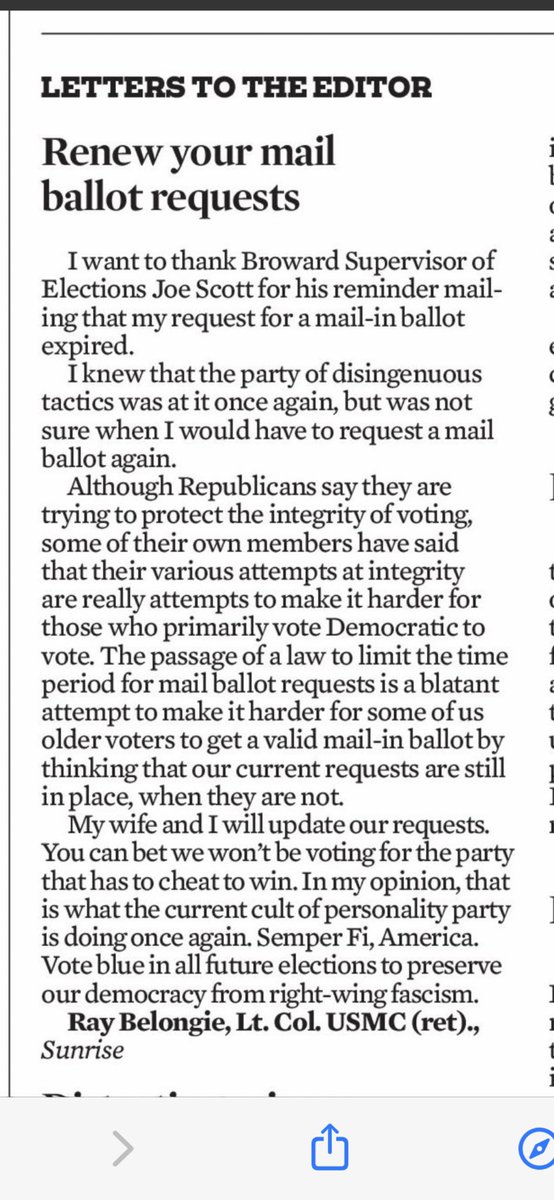 Letter to editor addresses new DeSantis law that purged ALL MAIL IN VOTE REQUESTS— more voter suppression 

Specifically for the older voter, this is a disgrace 

“My wife and I will be updating our requests. 
You can bet we won’t be voting for the party that has to cheat to win”