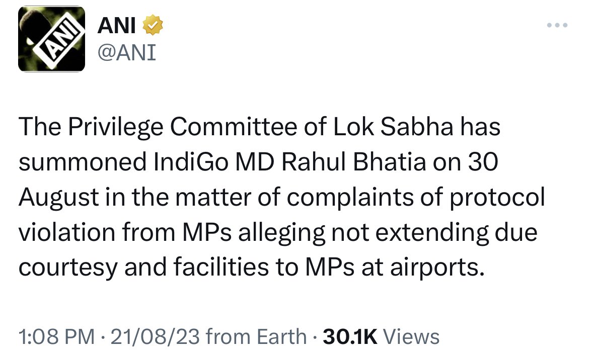 VIP culture in India is so sad. Earlier, Allahabad High Court wrote to Railways complaining against special treatment not availed to a Judge. Now Lok Sabha is summoning MD Rahul Bhatia of IndiGo complaining against special treatment not availed to Parliamentarians.