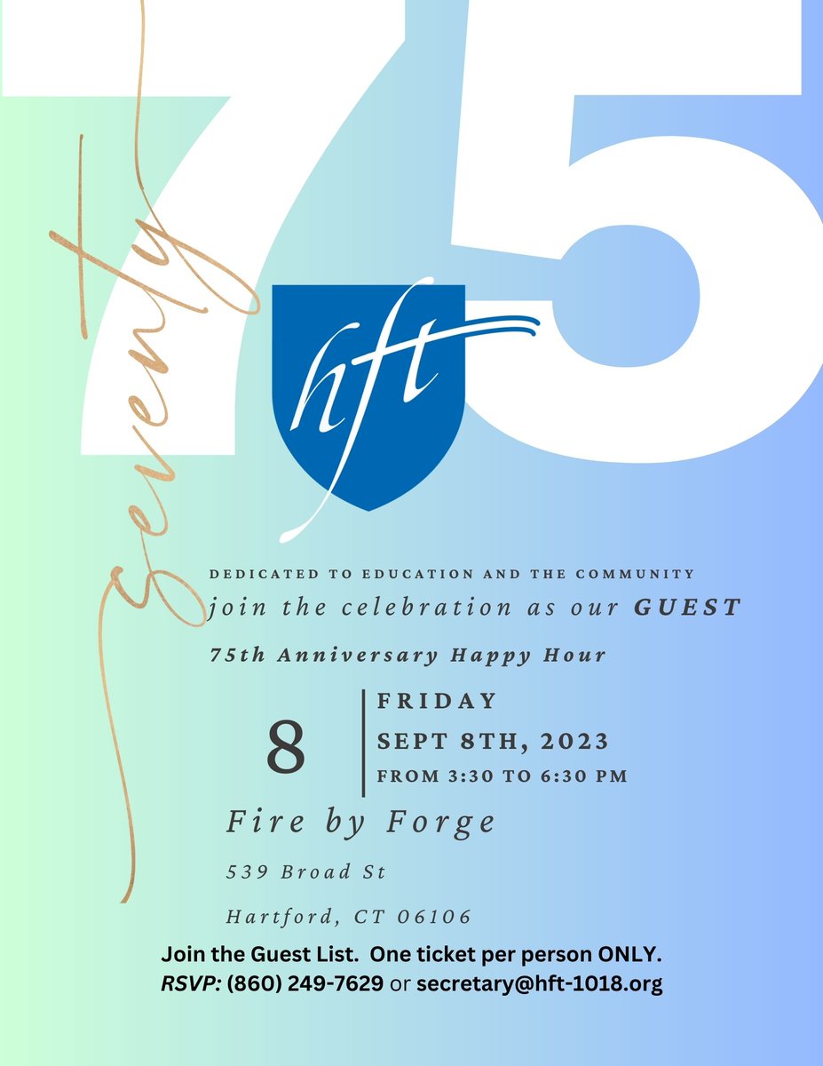 Hartford Federation of Teachers (@hft1018) on Twitter photo Can you believe the HFT turned 75 this year? Join us AS OUR GUEST to celebrate 75 years of Union and Community Leadership in Hartford. This event will fill fast, so contact the HFT to join the guest list. (860)249-7629, or secretary@hft-1018.org.
hartfordfederationofteachers.org/in-solidarity/… Can you believe the HFT turned 75 this year? Join us AS OUR GUEST to celebrate 75 years of Union and Community Leadership in Hartford. This event will fill fast, so contact the HFT to join the guest list. (860)249-7629, or secretary@hft-1018.org.
hartfordfederationofteachers.org/in-solidarity/…