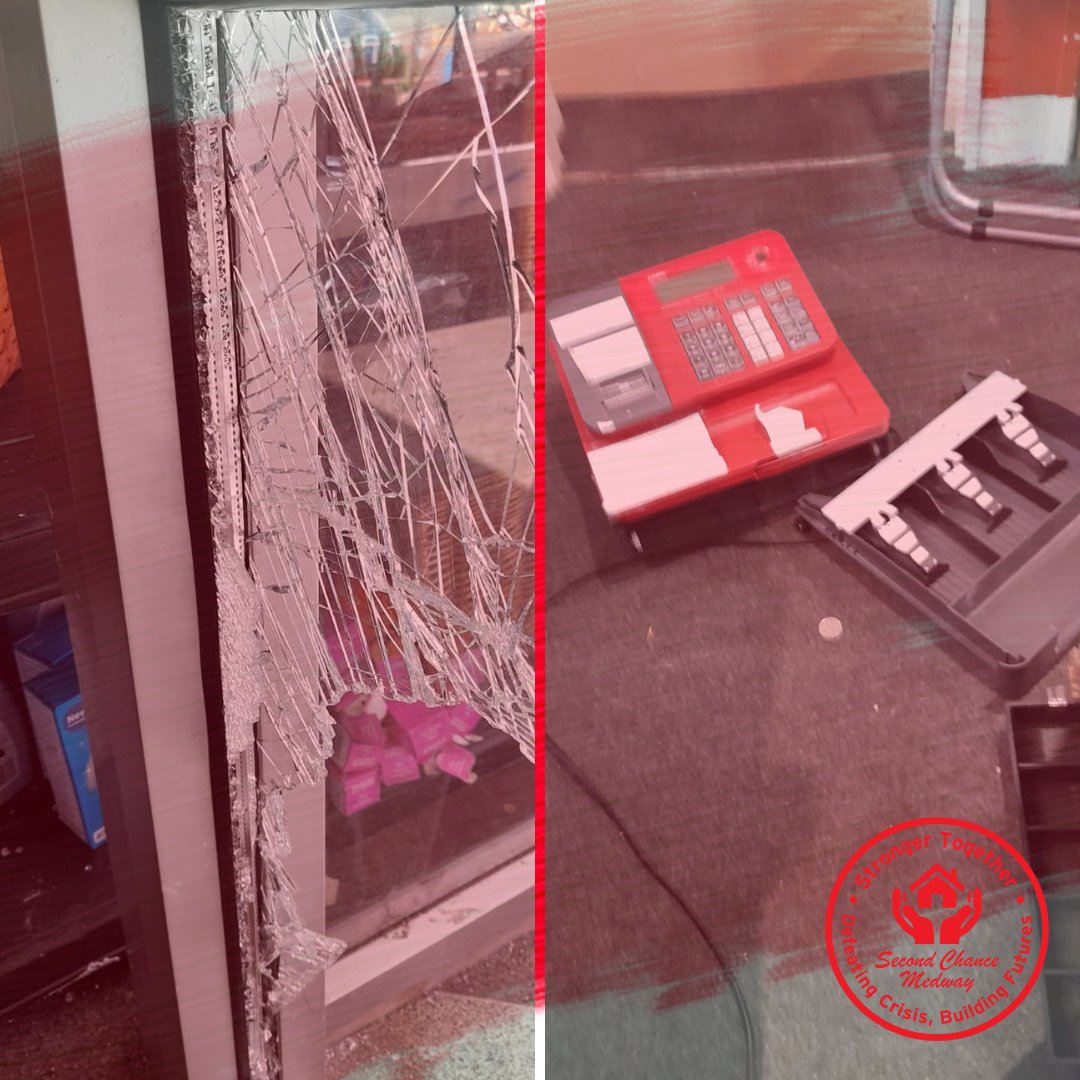 2ndChanceMedway's tweet photo. In the early hours of Saturday morning our flagship food aid store in Chatham was broken into.
Food that we provide for residents who can't afford to go to the supermarket has been stolen and our building has been damaged. https://t.co/RG6cVtUgHh