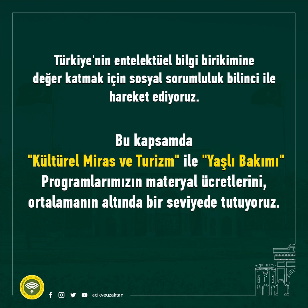 acikveuzaktan's tweet photo. 📌 Türkiye'nin entelektüel bilgi birikimine değer katmak için sosyal sorumluluk bilinci ile hareket ediyoruz.  
Bu kapsamda
📌 "Kültürel Miras ve Turizm" ile "Yaşlı Bakımı" Programlarımızın materyal ücretlerini, ortalamanın altında bir seviyede tutuyoruz. https://t.co/F6hwb03vSH