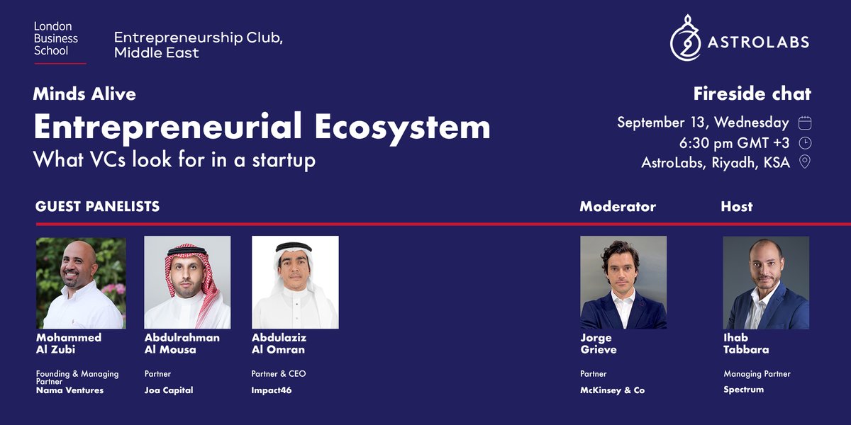 astrolabs's tweet photo. We have partnered with London Business School's (@LBS) MENA Entrepreneurship Club to host an exclusive fireside chat on the 13th of September, detailing how #startups can become #investor-ready in #MENA.

Join the region's leading venture capitalists at our coworking space in Riyadh. Register here: https://t.co/y8R8C9r4Cn

@NamaVentures - @JoaCapital - @Impact_46