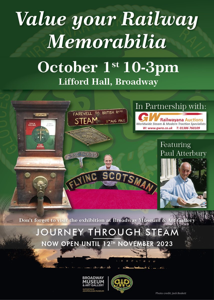 Pop along to the Journey Through Steam Roadshow Valuation Day’ on Sunday 1st October. Three valuers including the author, railway historian, &amp; BBC Antiques Roadshow expert Paul Atterbury are all set to attend the special event to value railway memorabilia. gwsr.com/events/journey…