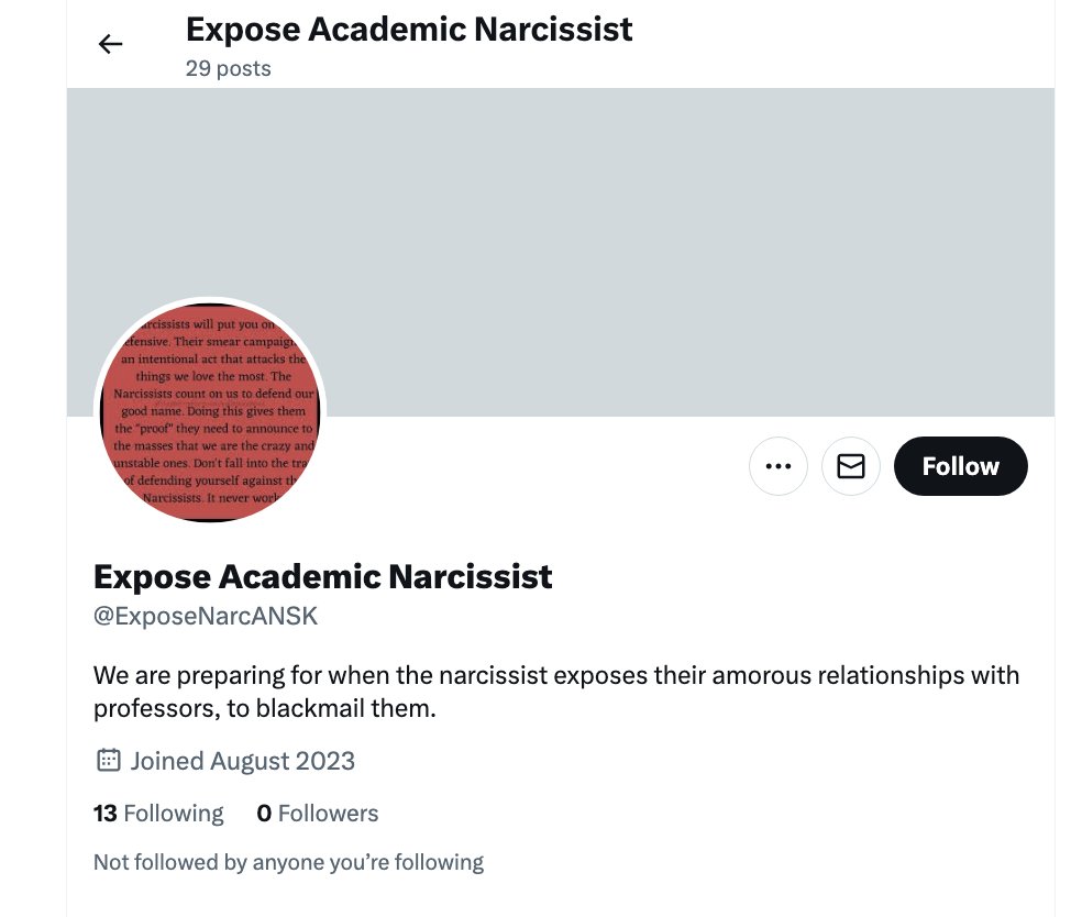 Women academics: watch to block this recently created account threatnening to 'expose' women who denounce professors who sexually assault students and academics in precarious positions. Is probably coming from Germany.