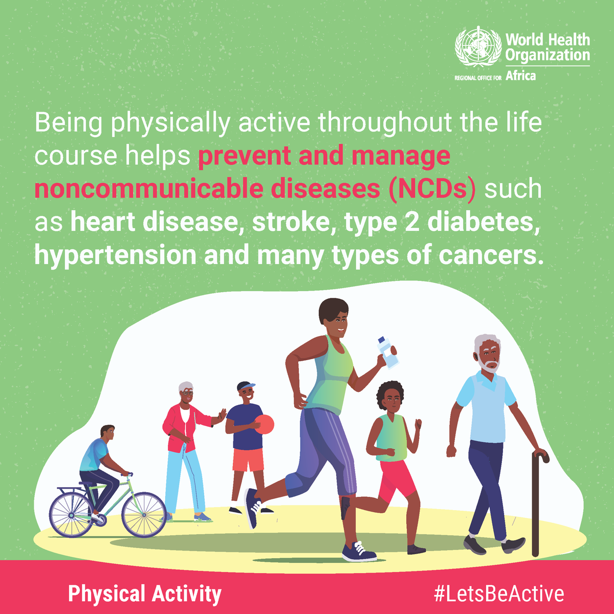 Monday motivation: Physical activity is good for your health! 🧘🏿‍♀️🕺🏿🏊‍♀️

It helps to maintain a healthy body &amp; reduces the risk of #NCDs.