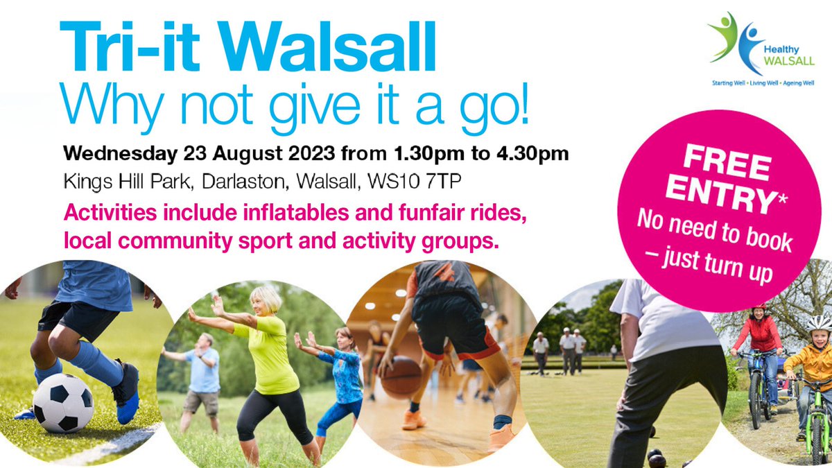 HealthyWalsall's tweet photo. Don't miss out! Our final #TriIt event is taking place this Wednesday, 23 August, at King's Hill Park! ๐คฉ
Come along between 1.30pm and 4.30pm for a FREE afternoon filled with fun activities, inflatables, and funfair rides.
More details below ๐
HealthySpacesWC https://t.co/kKsWPUpZ6b