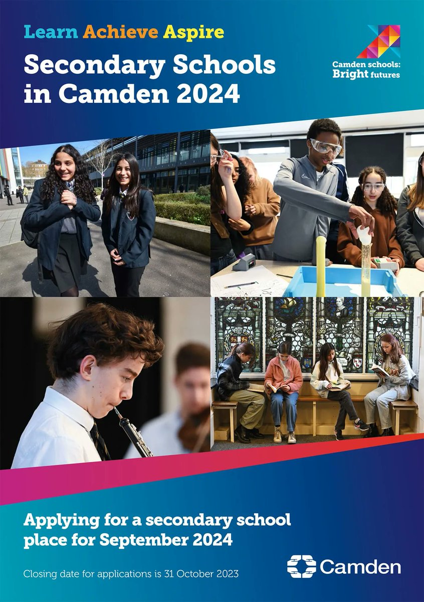 CamdenLearning's tweet photo. Is your child due to start secondary school in September 2024? Read the latest guide to applying for Year 7 places in Camden.
👉🏽 https://t.co/nryWeF3S2s
#camdenschools #camdeneducation #camdenlearning https://t.co/51PaSarFaL