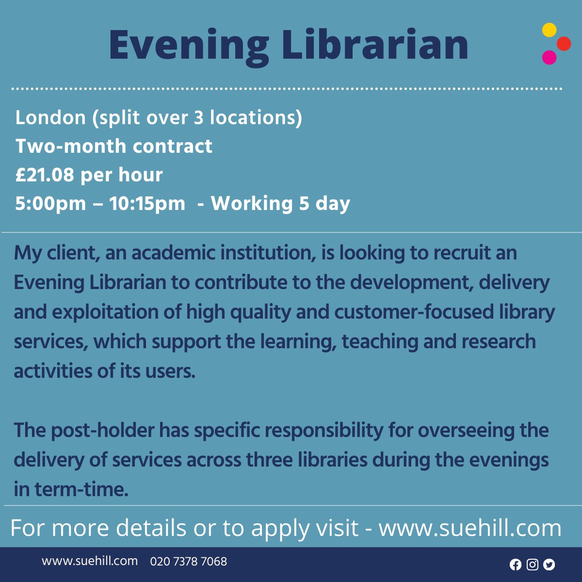 SueHillRec's tweet photo. 🌟Job Opportunity 🌟
Evening Librarian - 2-month contract, across 3 locations in London, £21.08 per hour
For more details or to apply, you can see the full job post here -  https://t.co/xxWHuvpbNA
#EveningLibrarian #LISJobs #InfoPros #Londonjob #Job #Vacancy https://t.co/2bcy8DAid0