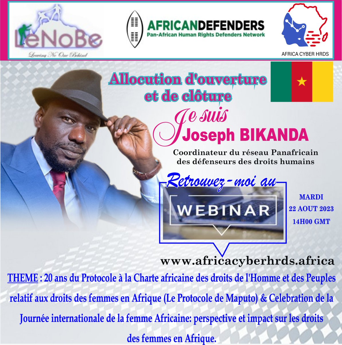 Vous êtes invité à une réunion Zoom
 Mardi 22 Août 2023
Heure: 14H00 (Afrique de l’Ouest) 15 H00 (Afrique de Centrale).Lien pour participer au webinaire sur Zoom: 
 zoom.us/meeting/regist… 
 @bikjo @AfricaDefenders @cnhro @OFFGocm @boell_gender @AU_WGYD @AfricaCyberhrds @awdf01