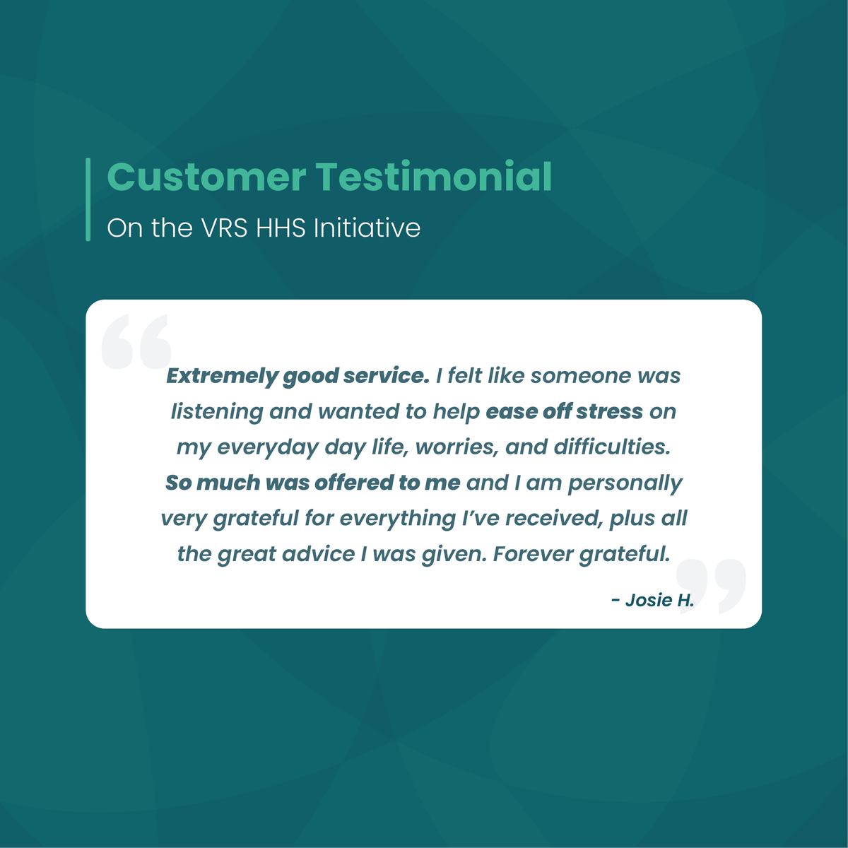 Josie H's testimonial regarding the VRS HHS Initiative.

Find out more about the initiative ➡ bit.ly/3BsGDIh