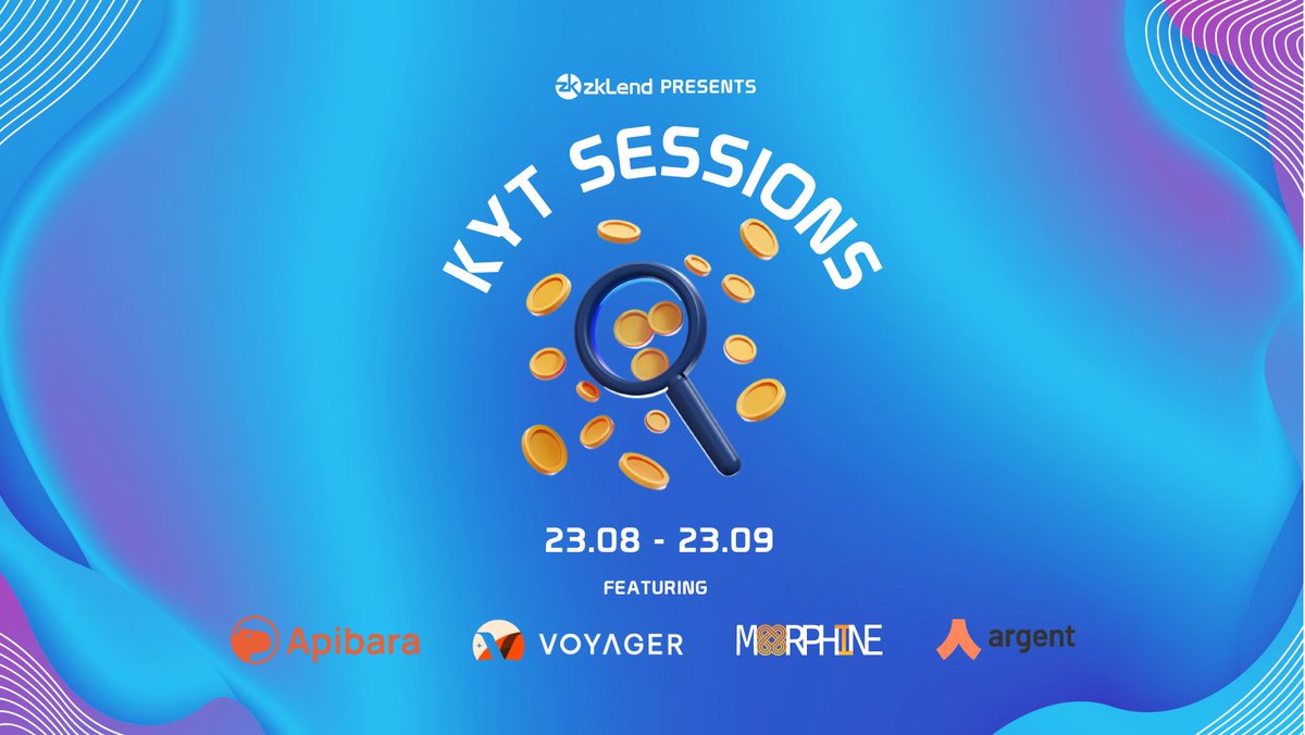 zkLend (@zklend) on Twitter photo π It's official! Announcing #zkLend's KYT Sessions!
πJoin the experts <a href="/apibara_web3/">Apibara</a>, <a href="/0xvoyageronline/">Voyager | Starknet explorer</a>, <a href="/MorphineFi/">Morphine π</a>, & <a href="/argentHQ/">Argent is now Ready</a>, for 4 weeks of talks, tutorials & campaigns on everything about #blockchain data on <a href="/Starknet/">Starknet</a>.
πReady to gear up your on-chain literacy skills π It's official! Announcing #zkLend's KYT Sessions!
πJoin the experts <a href="/apibara_web3/">Apibara</a>, <a href="/0xvoyageronline/">Voyager | Starknet explorer</a>, <a href="/MorphineFi/">Morphine π</a>, & <a href="/argentHQ/">Argent is now Ready</a>, for 4 weeks of talks, tutorials & campaigns on everything about #blockchain data on <a href="/Starknet/">Starknet</a>.
πReady to gear up your on-chain literacy skills