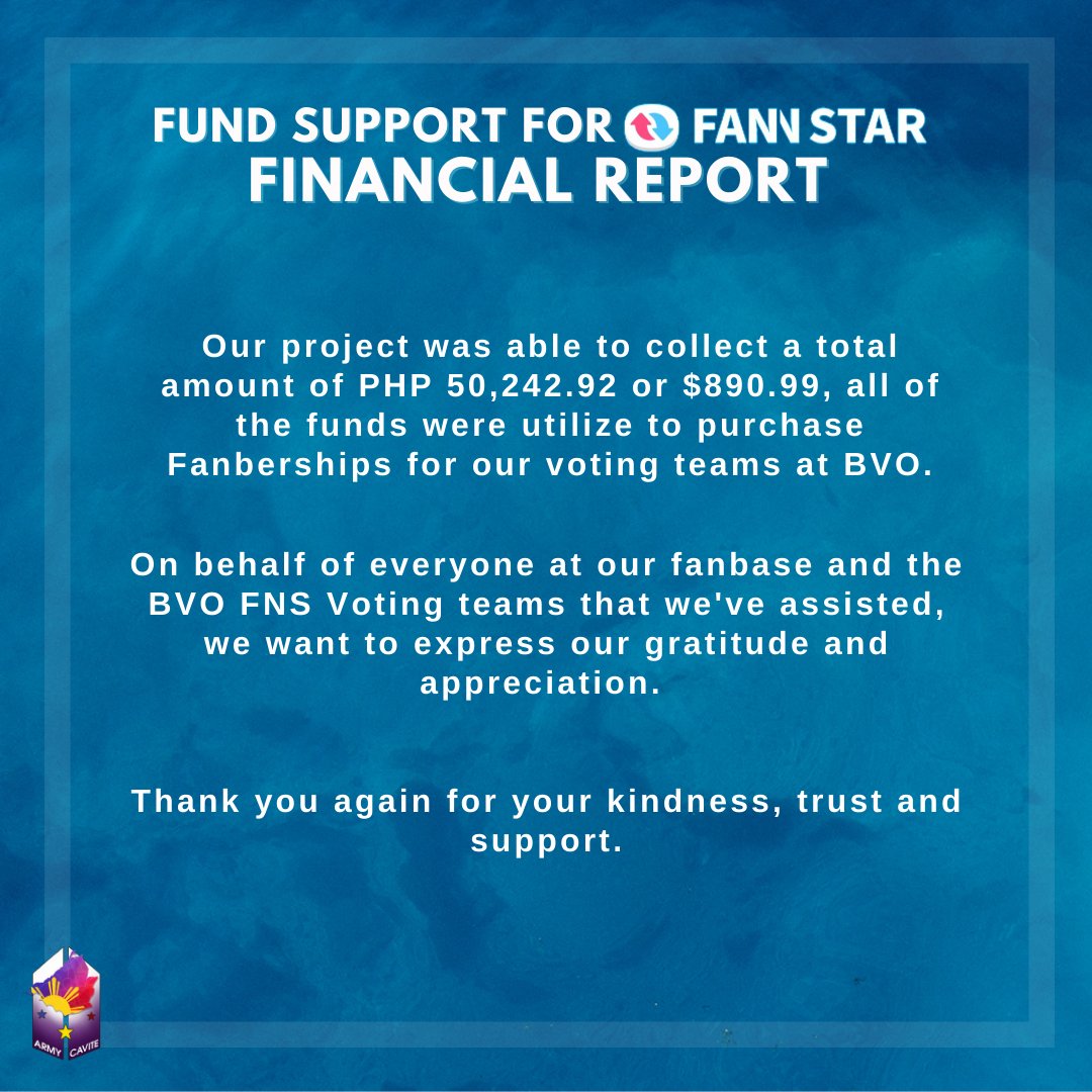[FAN N STAR FAN🐻🚢 FINANCIAL REPORT]

Big shout out to BTS' biggest supporter—BTS ARMY, thank you for joining us in our TMA fund project since 2021. This year, we collected a total of PHP 50,242.92 or $890.99, all funds we had received from the duration of sponsorship were all