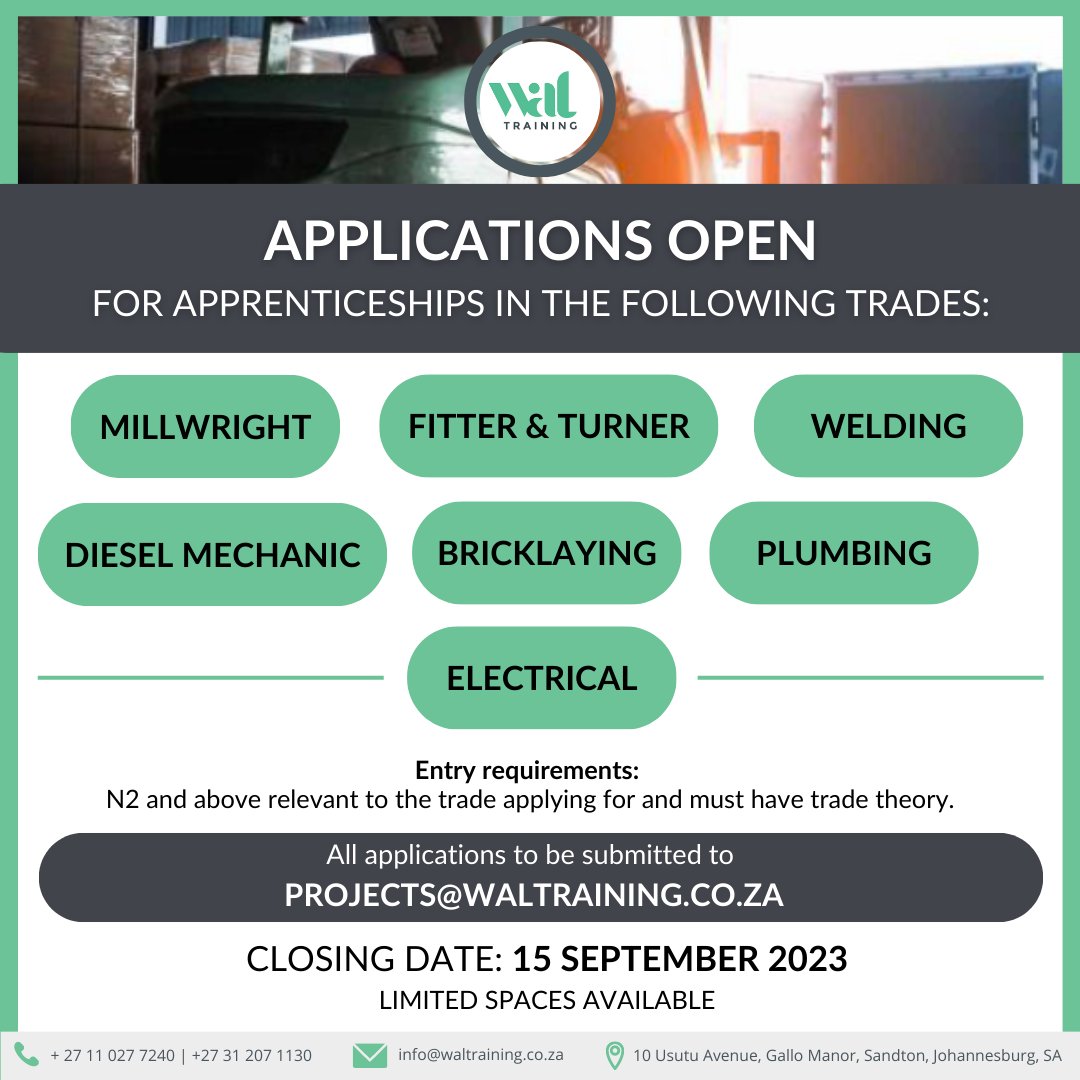 waltrainingza's tweet photo. To be eligible, you'll need an N2 and above relevant to the trade applying for and must have trade theory.
E: projects@waltraining.co.za
CLOSING DATE IS 15 SEPTEMBER!
#apprenticeships #millwright #fitterandturner #welding #dieselmechanic #bricklaying #plumbing #electical https://t.co/pwDnTTCaWE