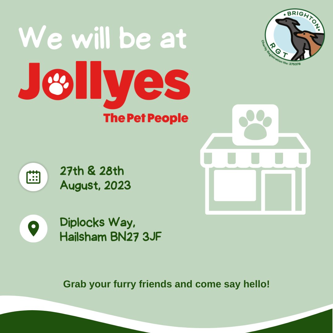 Brighton_RGT's tweet photo. We will be at Jollyes in Hailsham on the 27th & 28th August!
Drop by and say hello, our Greyhounds are excited to meet you!
#JollyesInHailsham #GreyhoundsMeetAndGreet #PetLoversEvent #HailshamPets #AugustMeetup #CommunityEvent #PetFriendly #HailshamActivities #AdoptAGreyhound https://t.co/PwncGfqLDH