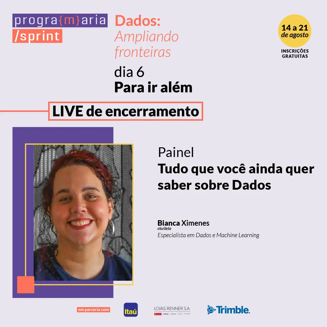 programaria's tweet photo. Chegamos ao último dia da #PrograMariaSprint Dados com essa agenda imperdível💥
Mulheres incríveis com palestra e painéis cheios de insights e conteúdo de valor te aguardam hoje às 19h, Ok? Vamos celebrar juntes o encerramento da nossa Sprint que já está sendo inesquecível 🎥 https://t.co/Bs77diZ7iu