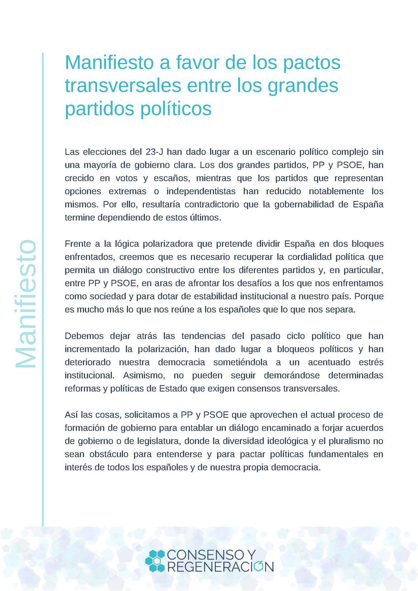 JosRosinol's tweet photo. Más que nunca, en estos momentos necesitamos visión de Estado y un programa de reformas y modernización política e institucional. Por ello, los dos grandes partidos han de pactar. Apoyo el manifiesto de
@redcyr Consenso y Regeneración, gran iniciativa.
https://t.co/gS5HCwJwK2 https://t.co/eDz56uN0ui