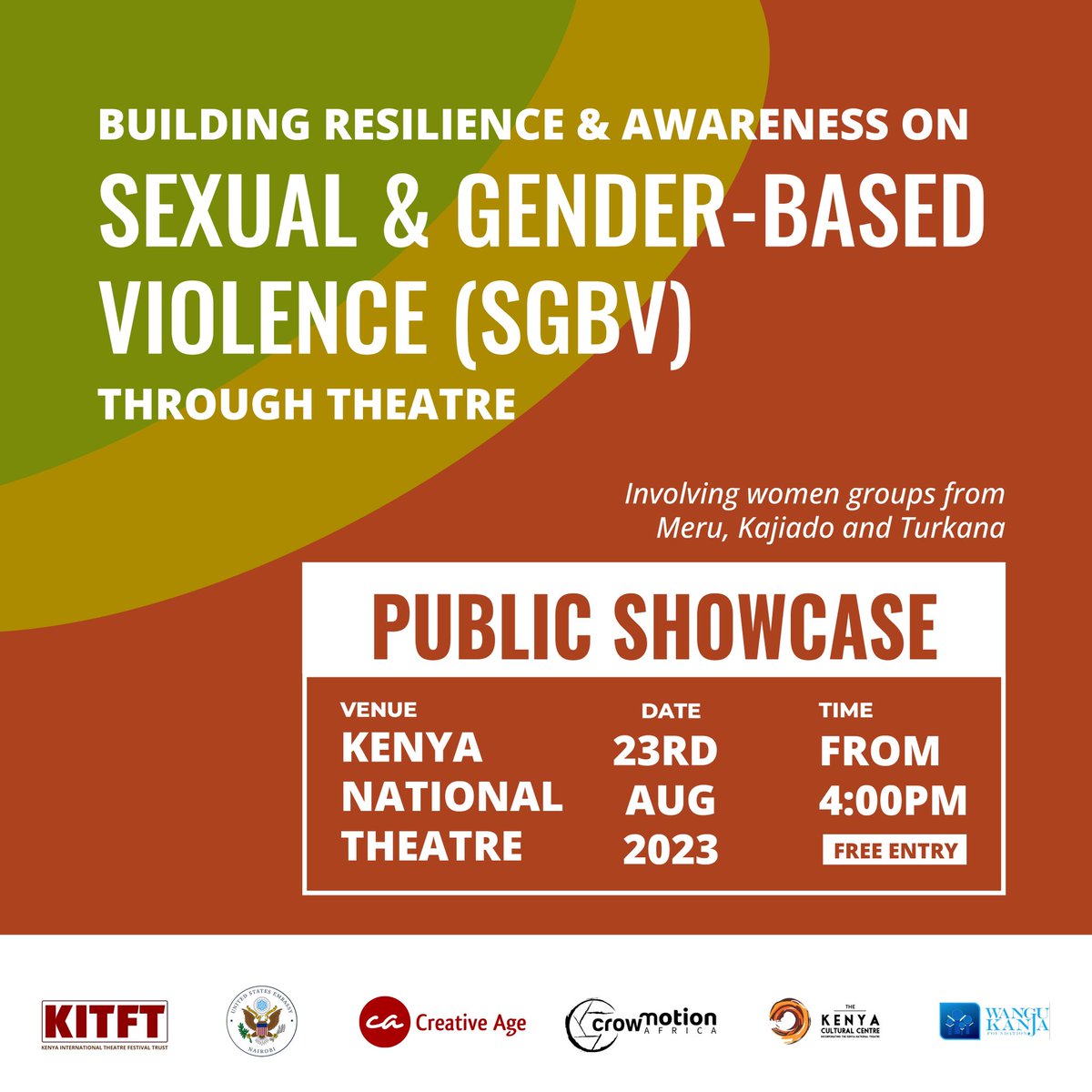 kitfest_ke's tweet photo. Join us on August 23rd at Kenya National Theatre, 4pm, for an impactful evening using theatre to build resilience and raise awareness against Sexual and Gender-Based Violence. Admission is free – let's stand together to make a change. 

#EndSGBV #BuildingResilience #TwendeTheatre https://t.co/aWo5NDjEAK