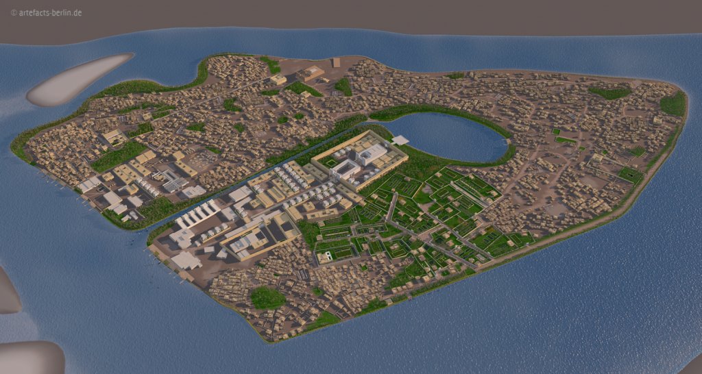 Pi-Ramesse (House of Ramses) is situated in Egypt. It was founded by Ramesses II. A nearly 7-minute animation could be created during a time-span of 9 months. The urban structure of the city was visualised very carefully and resulted in this.  🔗 artefacts-berlin.de/portfolio-item…
