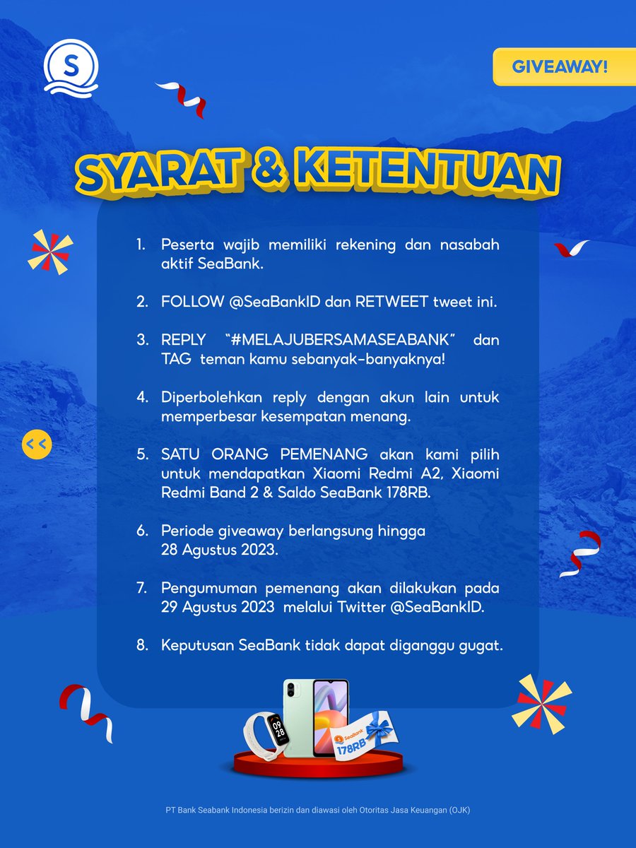 🇮🇩GIVEAWAY #MELAJUBERSAMASEABANK!!🇮🇩
FOLLOW &amp; MENANGKAN BUNDLE
XIAOMI REDMI A2 + XIAOMI REDMI BAND 2 + SALDO SEABANK 178RB

Yuk cek S&amp;K berikut:
1. FOLLOW Twitter <a href="/SeaBankID/">SeaBank Indonesia</a>
2. RT &amp; REPLY "#MELAJUBERSAMASEABANK"
3. TAG TEMAN KAMU!

Kesempatan terbatas, yuk ikuti kuisnya sekarang!