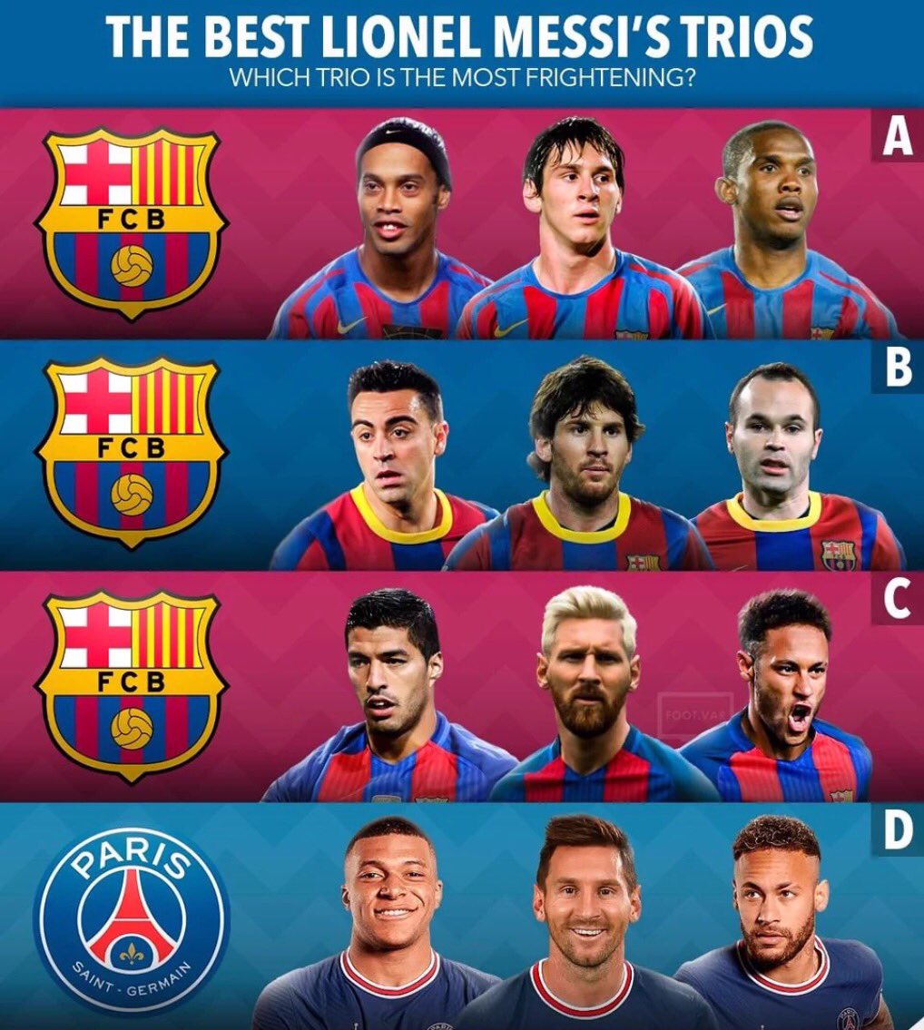 Mustaph18480880's tweet photo. What’s the best trio Messi has played in? https://t.co/an7mU2dPGA