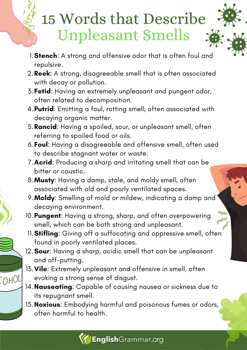 GrammarUpdates's tweet photo. 15 Words That Describe Unpleasant Smells
#vocabulary #Englishgrammar #writingtips https://t.co/bHdpRrhvKL