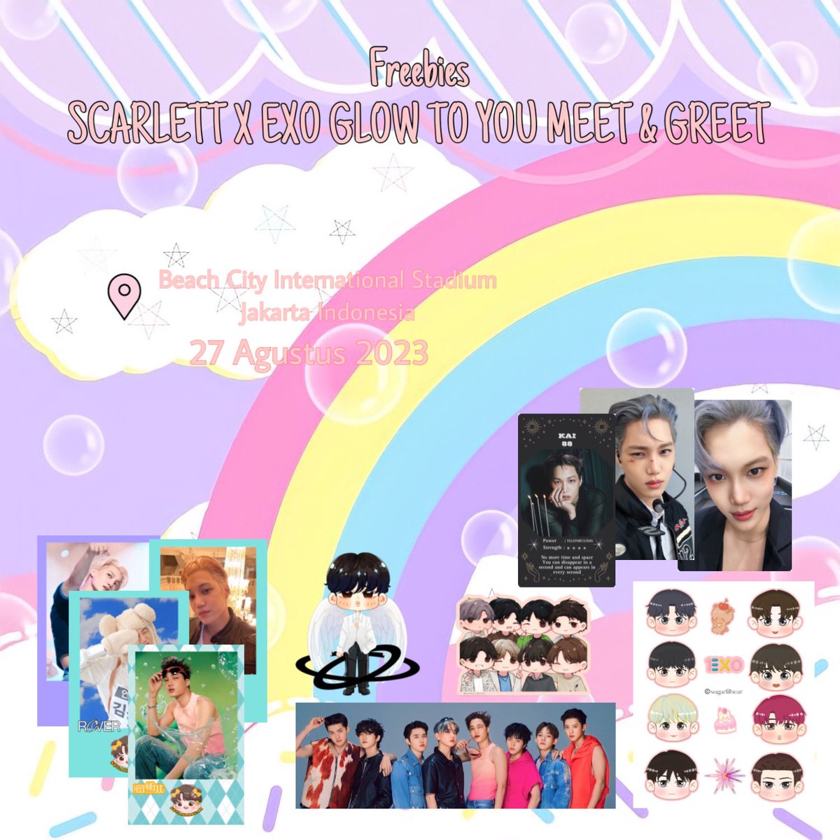 sugarlilbear's tweet photo. SCARLETT x EXO GLOW TO YOU MEET &amp; GREET IN JAKARTA Freebies for EXO L

Loc. Beach City International Stadium Jakarta Indonesia
Date. 27 August 2023
Time. TBA

Come and get it 🤗🤗 https://t.co/GGm1AFxG1D