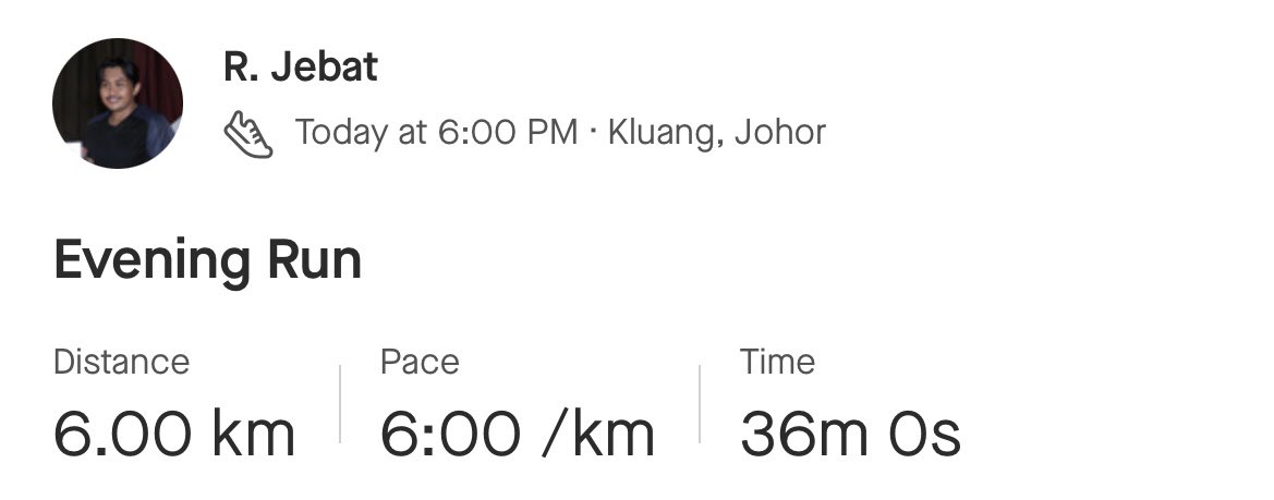 itukahjebat's tweet photo. Hari 600 (21/08/2023) #jebathariharilari
Flag off: 6:00 PM
Distance: 6.00 km
Pace: 6'00" /km
#jebatberlari #kultuslarisenang #runstreaker https://t.co/Jy1lkFkW7Q