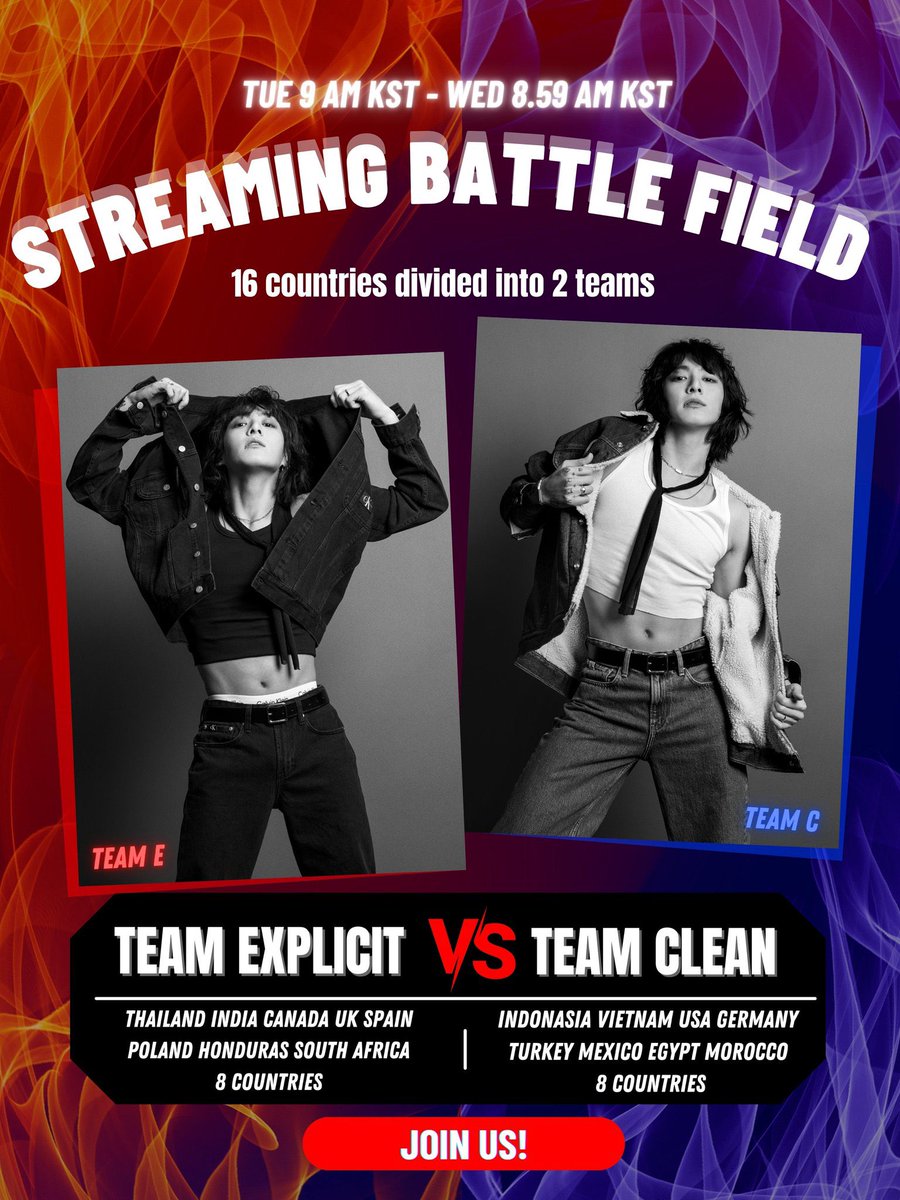 Jungkook_Spain_'s tweet photo. 🔥 STREAMING BATTLEFIELD 🔥
16 países se dividen en 2 equipos,Team Explicit vs Team Clean
Ambos equipos lucharán para encontrar el BEST SEVEN STREAMER
El ganador se anunciará sumando las transmisiones registradas de los países en 2 equipos...
LET'S GO!🔥🔥🔥 https://t.co/tImeT2QoSG