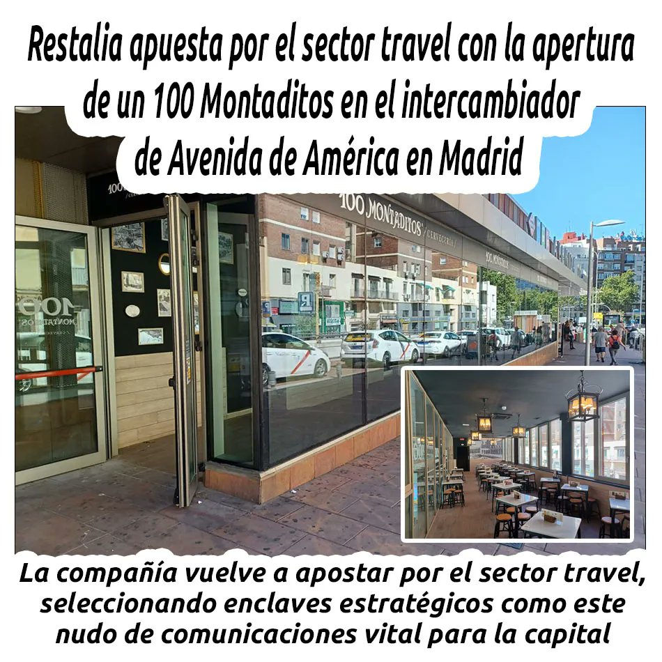 hosteleriaenvlc's tweet photo. RESTALIA APUESTA POR EL SECTOR TRAVEL CON LA APERTURA DE UN 100 MONTADITOS EN EL INTERCAMBIADOR DE AVENIDA DE AMÉRICA EN MADRID
https://t.co/aPPt69PDFD
@restaliagrupo @100montaditos @TheGoodBurger @La__Surena #SectorTravel #100Montaditos #Restalia #HosteleriaEnValencia #Madrid https://t.co/zD2Utw42mz