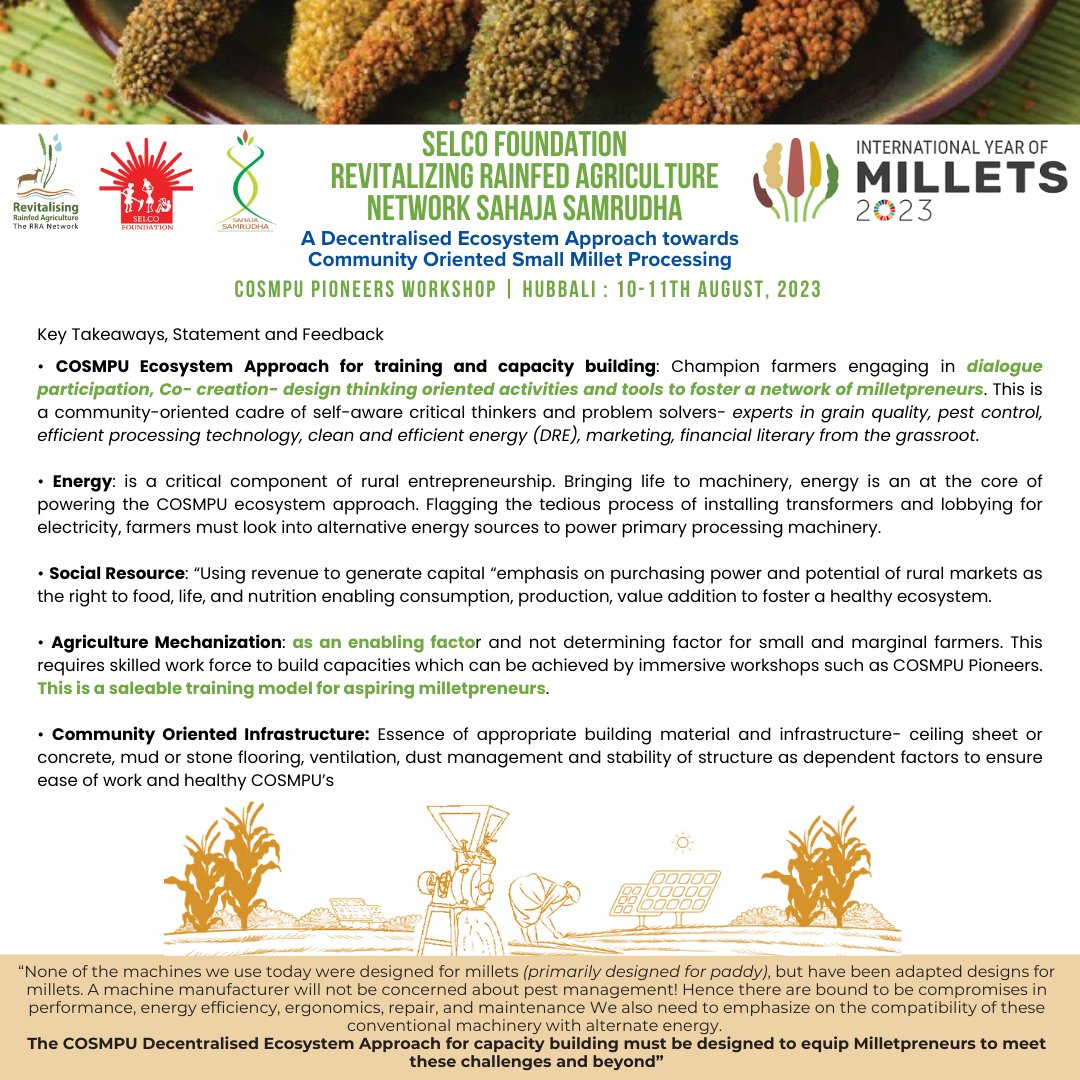 SELCOFoundation's tweet photo. SELCO Foundation with its partners The Working Group of Millets - RRA Network and Sahaja Samrudha conducted a workshop series for leaders and pioneers in the Millet Ecosystem in collaboration with SKDRDP and DRE Champion Entrepreneur BIBI Jaan SHG. #LetsMillet #ClimateResilience https://t.co/XxozV9xnKp