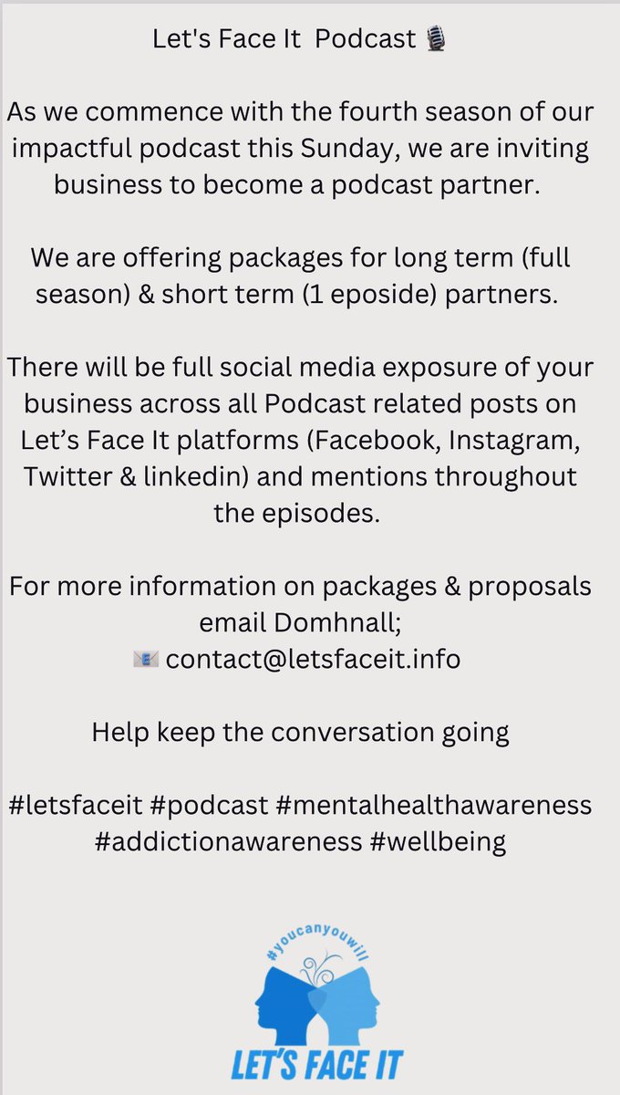 Let’s Face It Podcast 🎙

As we get ready for the next season of our podcast, we are looking for businesses to partner up with. 

📧 contact@letsfaceit.info 

Thank you 🙌💙

#letsfaceit #youcanyouwill #wellbeing
