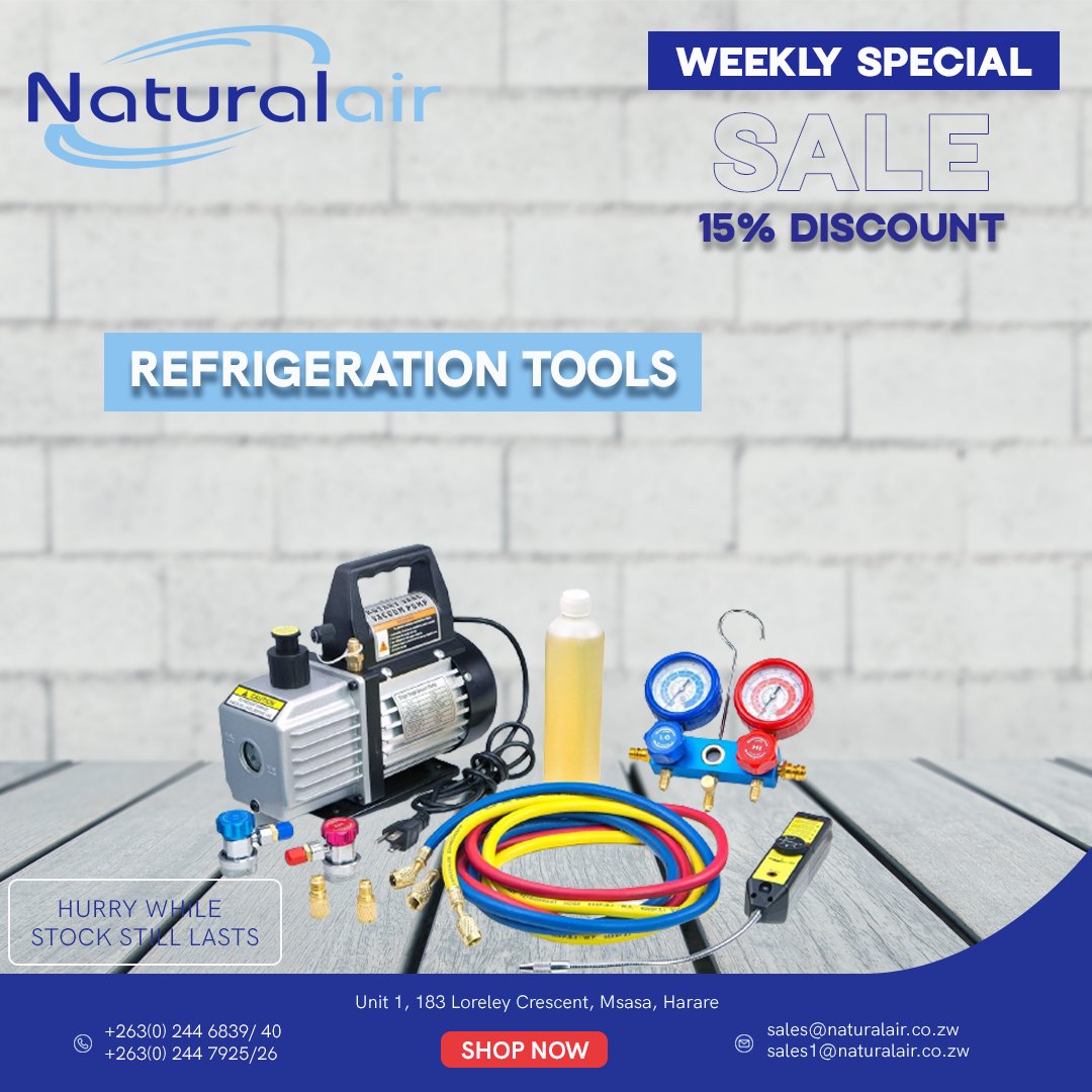 Naturalair_'s tweet image. Are you looking for the best refrigeration tools at a great price? Then take advantage of our Natural Air weekly sale!
Call | +263(0) 244 6839/ 40
Email | sales@naturalair.co.zw
Visit | Unit 1, 183 Loreley Crescent, Msasa, Harare
#naturalair #refrigerationtools #refrigeration