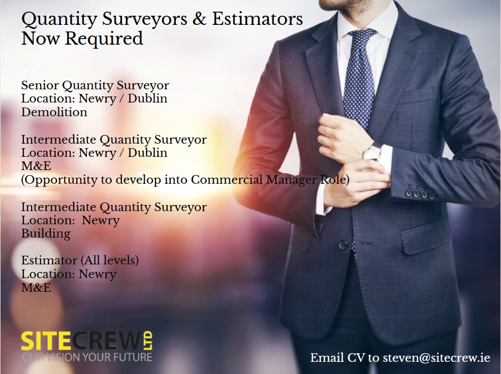 SiteCrewLimited's tweet image. Site Crew have numerous opportunities for QS's &amp;amp; Estimators in the Newry &amp;amp; Mourne area. To express an interest, please send an email in total confidence.
NB: Only apply if currently located in N. Ireland or Ireland.
#QuantitySurveying #Estimator #JobOpportunity #constructionjobs