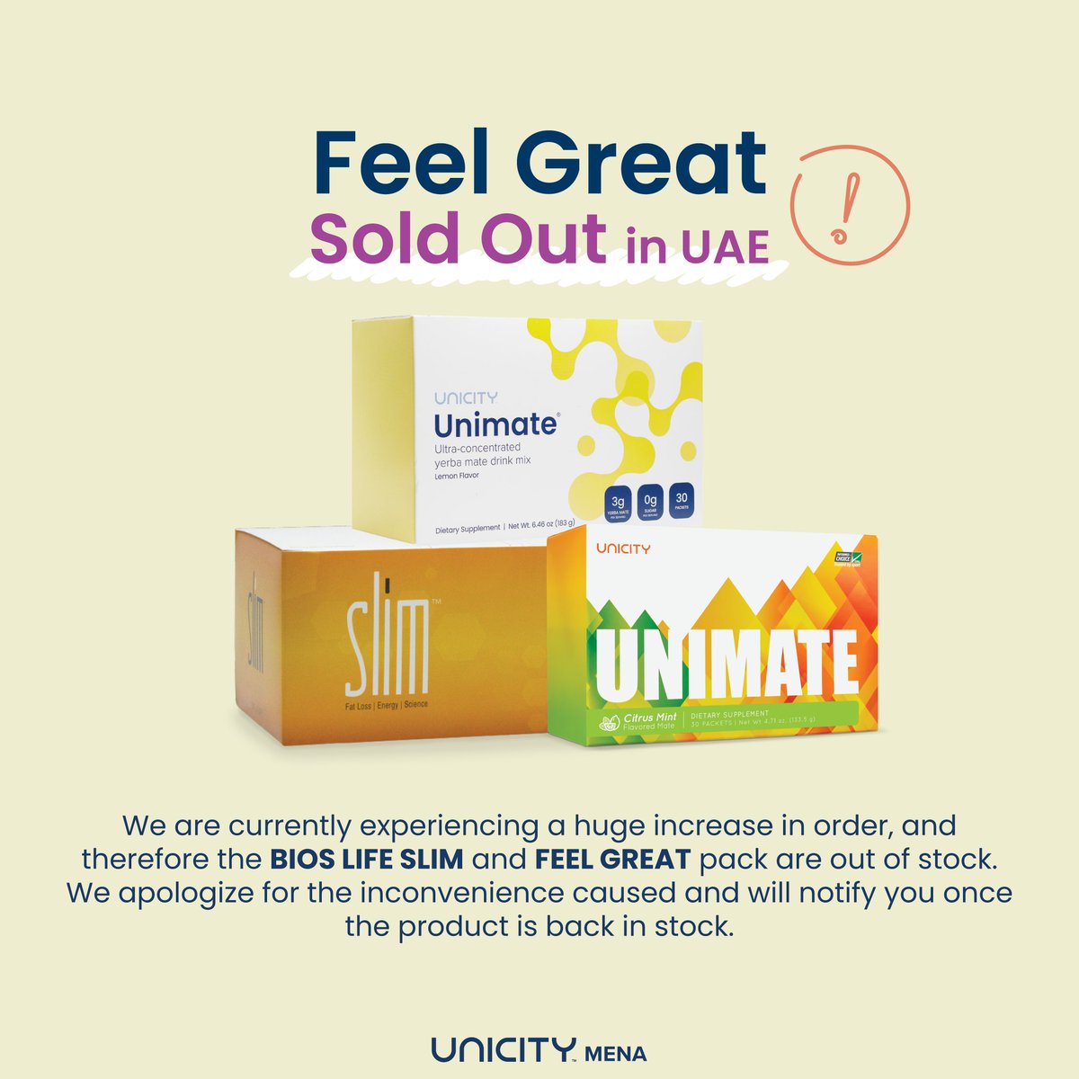 نواجه حالياً زيادة ضخمة في الطلبات، لذلك منتج البايو سليم و برنامج الفييل جريت غير متوفرين حالياً في المخزون. 
نأسف للإزعاج الناتج وسنقوم بإبلاغكم فور توفر المنتج مرة أخرى.

#Unicity #MakeLifeBetter #soldout #bioslifeslim #feelgreat