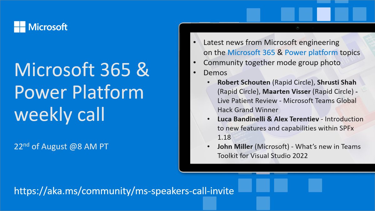 📆 Agenda for the #Microsoft365dev &amp; #PowerPlatform call 22nd of August

- The latest news
- Focus this time on #MicrosoftTeams, #SPFx &amp; #VSCode
- Presented by <a href="/rfjschouten/">Robert Schouten</a>, <a href="/mvisser/">Maarten Visser🕺🏼</a>, <a href="/alexaterentiev/">Alex Terentiev #StandWithUkraine</a> &amp; <a href="/jmillerdev/">John Miller</a>

...and more 🚀

👋 Join the call → msft.it/601293hlk