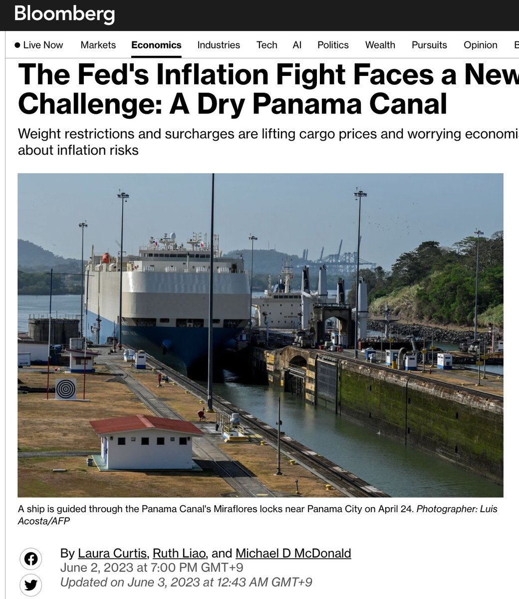 wealthpotion's tweet photo. 🧪 Aug 21, 2023: Could the Panama Canal traffic jam kill the Fed's hopes for crushing inflation?

There is currently a huge backlog of 200+ ships waiting to cross the Panama Canal due to drought.

The Panama Canal is a critical trade route that allows ships to pass between the Atlantic and Pacific Oceans, without having to go around South America or North America.

Aren't all the oceans connected? How could drought affect the water levels?

The Panama Canal actually uses fresh water that pours in from 17 surrounding artificial lakes to operate.

This backlog of ships will cause an increase in shipping costs for the routes involved, along with delays.

🪄 How to profit from it:

We can look at a similar event for hints as to how the market will react - the Suez Canal obstruction in March 2021.

Of course, there were many other factors at play in 2021, including massive supply chain disruptions due to the pandemic and related lockdowns. 

And what does higher shipping costs lead to? Inflation.

Looking back at today's issues at the Panama Canal, even Bloomberg reported in June 2023 that this year's weather could cause inflation issues:

The Wall Street consensus seems to be that inflation has been tamed and that the Fed will be able to cut rates later this year.

Does this change the Fed's calculus? What about the market's expectations?

How are you changing your investments in light of this news?