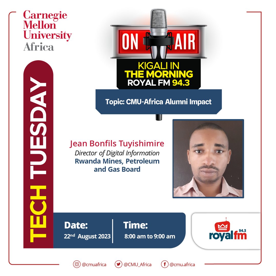 cmu_africa's tweet photo. Join @jbtuyishimire on Royal FM 94.3 tomorrow as he shares his journey in making digital transformation a reality in Rwanda’s public sector.

#DigitalTransformation
#Cybersecurity https://t.co/gxEXQKEmTw