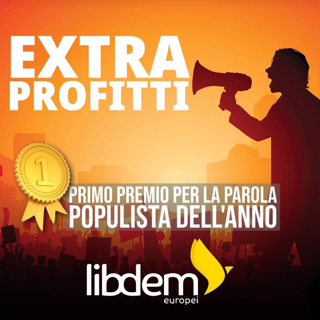 libdemeuropei's tweet image. C’è una vincitrice per il premio “Parola #populista dell’anno”: #extraprofitti.
Una parola subdola, insidiosa, perché “extra” sottende un chiaro giudizio morale. È extra ciò che è eccessivo, ingiusto, immeritato. Non a caso Giorgia Meloni, rivendicando la tassa contro le banche,…