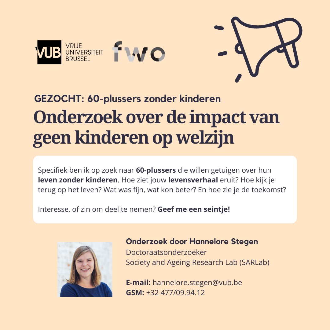 📢 GEZOCHT: 60-plussers zonder kinderen voor deelname aan onderzoek 📢
We zijn specifiek op zoek naar 60-plussers die willen getuigen over hun leven zonder kinderen.
Vragen of interesse om deel te nemen? Contacteer me gerust! @SARLab_VUB