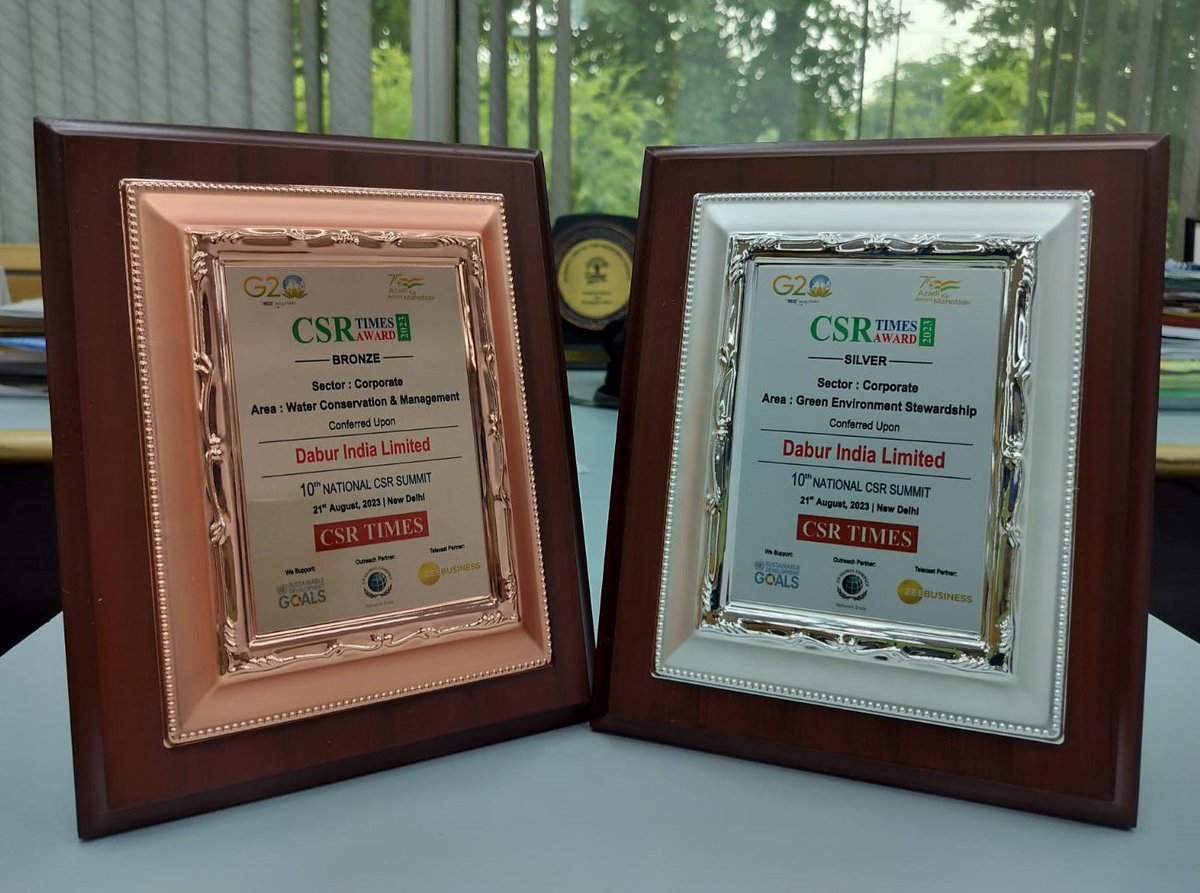 DaburIndia's tweet photo. Delighted that two of our CSR interventions in the area of environment sustainability have bagged the top honours the 10th National CSR Times Award.
These awards encourage and motivate us to continue working towards community development.

#Dabur #CSR #DaburCSR #Rewards #CSRTimes https://t.co/GVW5oQsl4a