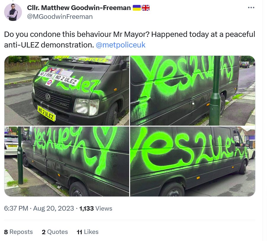Well this is all a bit odd isn't it? First of all if this happened at a demonstration then why did none of the demonstrators take issue with the people who spray painted their van front, back and both sides? must have taken a few minutes that, I'm also🔽 twitter.com/MGoodwinFreema…